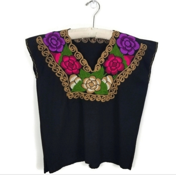 Embroidered Black Top with Floral Accents - Picture 1 of 5